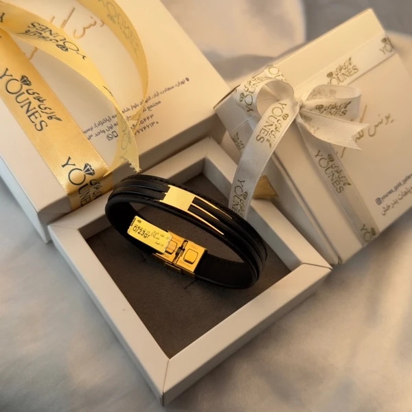 تصویر دوم دستبند طلا چرم مردانه مدرن سه لاینL131